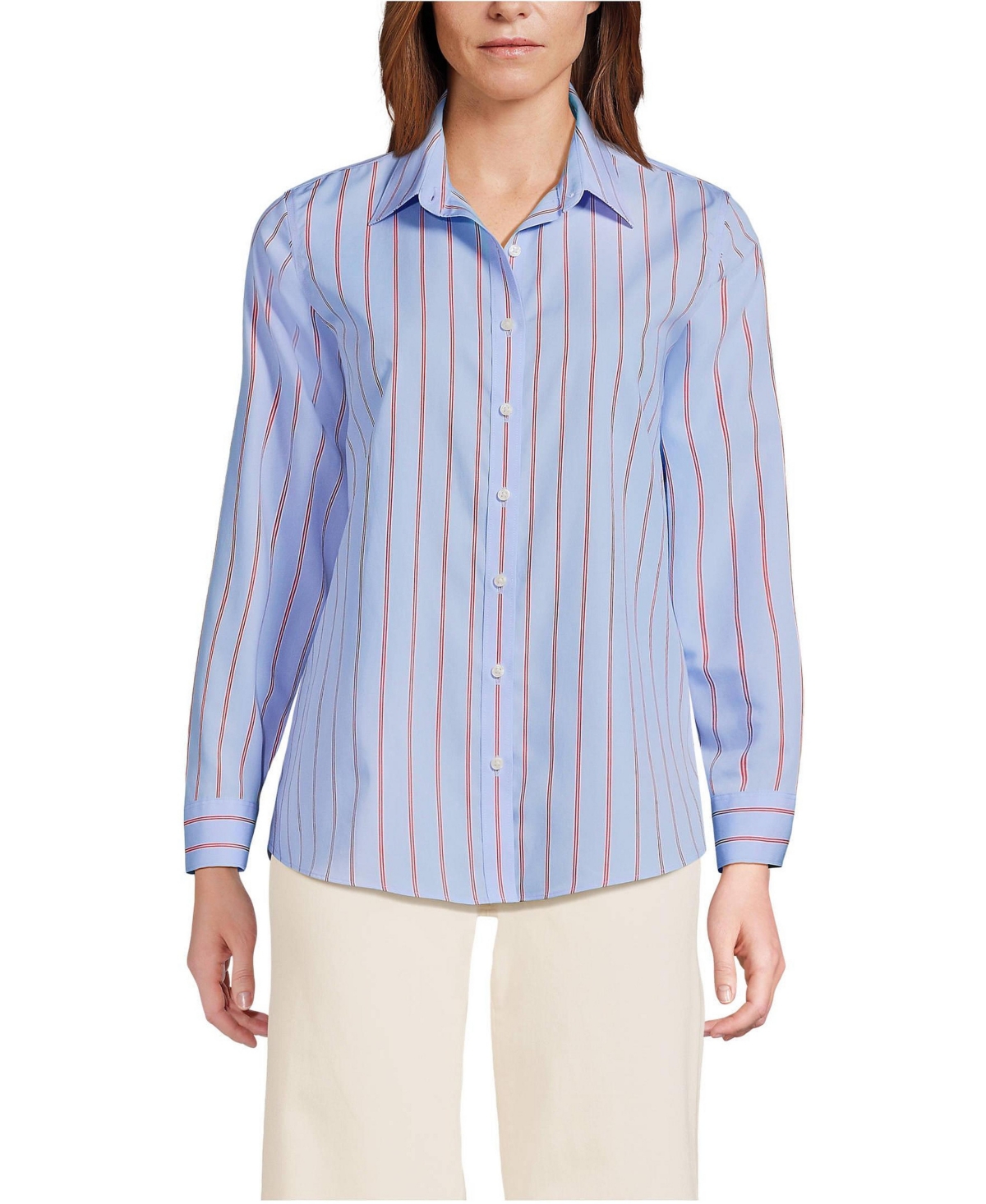 Lands' End Women's No Iron Button Front Shirt - Light sea blue rail stripe