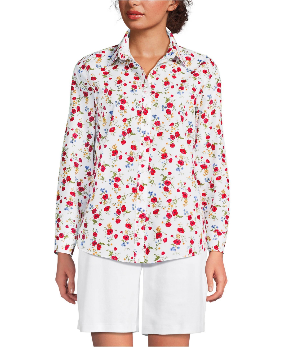 Lands' End Women's No Iron Button Front Shirt - White multi poppy floral