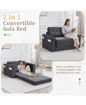 Convertible Sofa Bed, Corduroy Loveseat Floor Couch with Cup Holders and Pillows, Multi-functional Fold Out Sofa Bed for Living Room