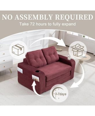 Multi-use Convertible Sofa Bed, Boneless Corduroy Loveseat Floor Couch with Cup Holders and Pillows, Modern Sofa Bed for Living Room
