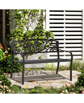 50" Outdoor Bench, Metal Garden Bench with Floral Pattern Backrest, Porch Bench