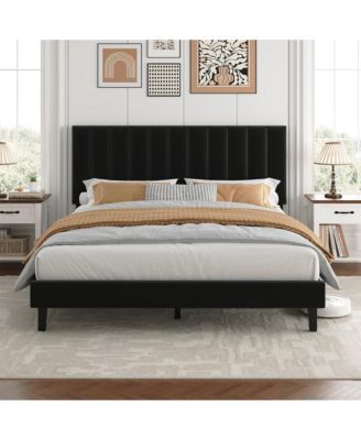 Platform Bed Frame and Velvet Upholstered Headboard with Adjustable Vertical Channel Tufted Headboard, No Box Spring Needed, Easy Assembly