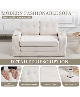 Convertible Sofa Bed - Boneless Loveseat Sofa, Fold Out Floor Couch with Cup Holder and Pillows, Corduroy Fabric for Living Room