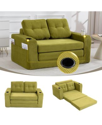 Fold Out Convertible Sofa Bed, Comfortable Corduroy Loveseat Floor Sofa with Cup Holders and Pillows for Living Room and Small Spaces