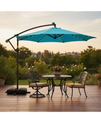 10 ft Solar Offset Hanging Umbrella with Base and LED Lights