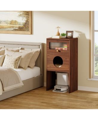 Hidden Cat Litter Box Enclosure with Storage, Frosted Door Cat House Furniture Cabinet