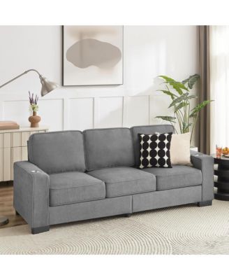 Contemporary 3-Seat Sofa, 83.86" Soft Snowfleece Lounge Couch, Practical Upholstered Sofa with 2 Cup Holders for Living Room and Office