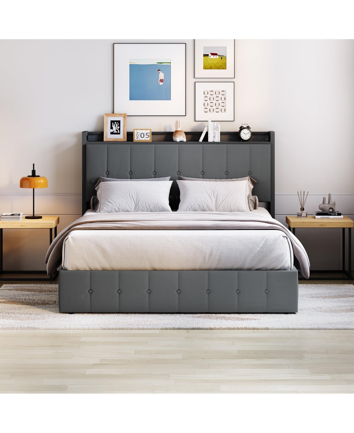 Homfan Lift Up Bed Frame, Upholstered Bed with Button Tufted Wingback Storage Headboard, Hydraulic Storage, No Box Spring Needed