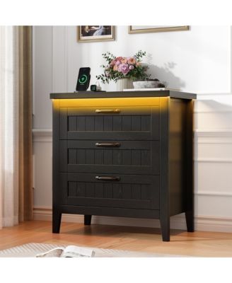 Farmhouse Drawer Dresser with Charging Station and LED Lights, Slim Wooden Bedroom Dresser