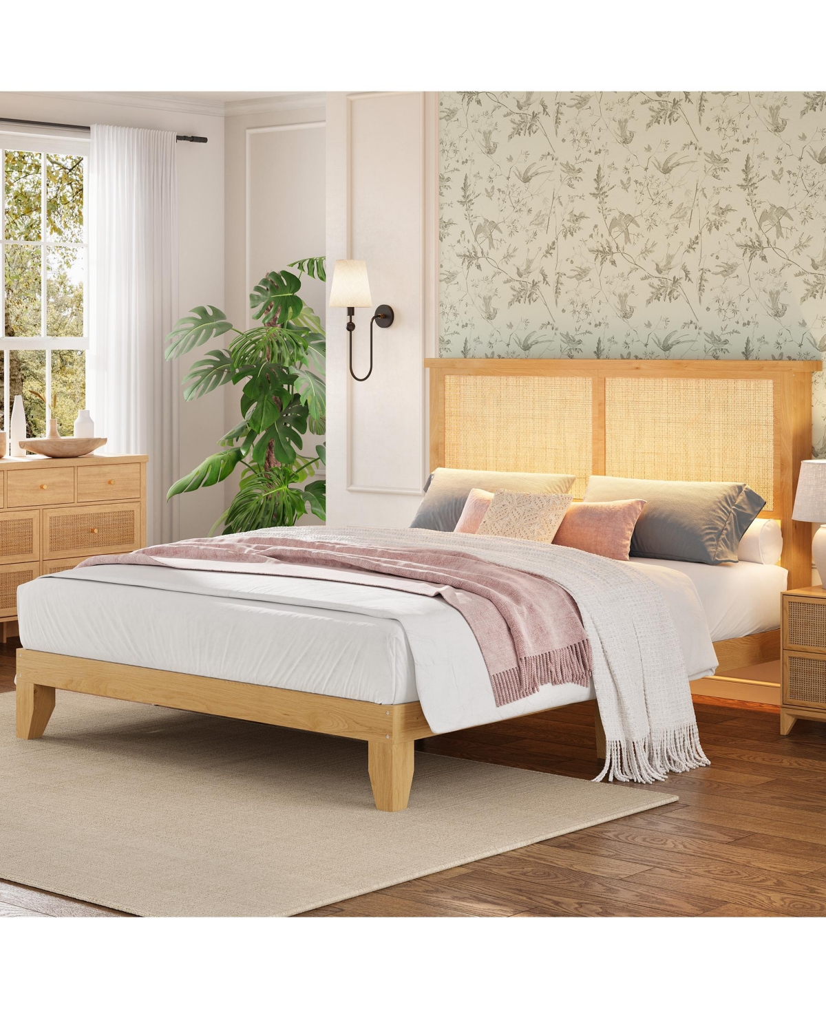 Homfan Bed Frame with Rattan Headboard, Platform Bed Frame with Led Lights