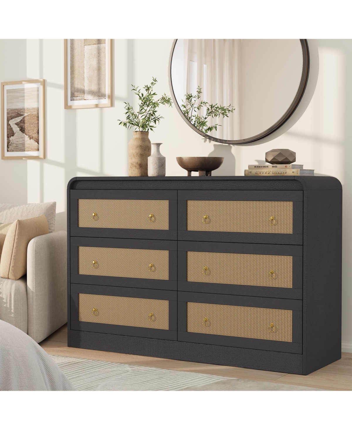 gaomon 46''Wide Rattan Dresser, 6 Drawer Dresser for Bedroom, Dressers and Chests of Drawers - Black