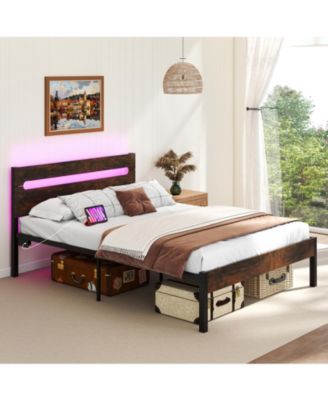 King Size Heavy-Duty Metal Slats Support Bed Platform with Charging Station