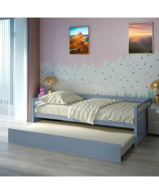 Twin Size Trundle Platform Bed Frame with Wooden Slat Support