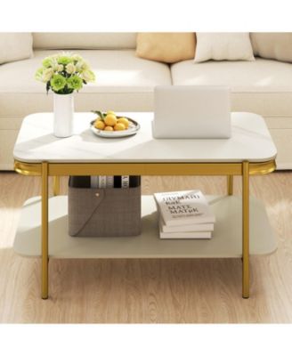 35.5 in Modern Sintered Stone 2-Tier Coffee Table with Gold Metal Frame