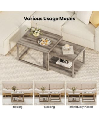 Set of 2 Stackable Nesting Rectangular Coffee Tables with Storage Shelf