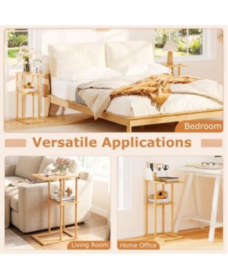 Set of 2 Bamboo Side Tables with 2-Tier Storage Shelves