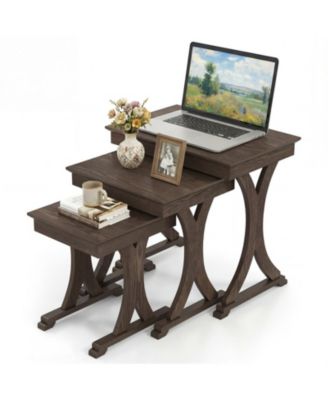 3-Piece Nesting Coffee and Side Table Set with Solid Rubber Wood Legs