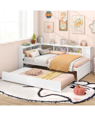 Twin Size Daybed Platform Bed Frame with Trundle and Bedside Shelves