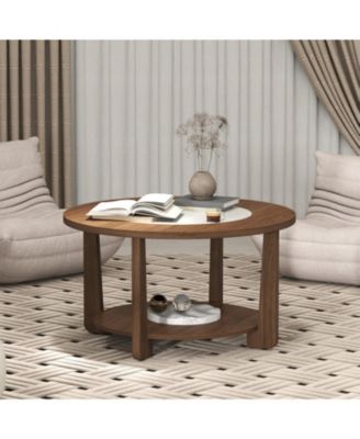 31.5 in Farmhouse Round Coffee Table with 2-Tone Top and Storage Shelf