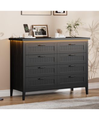 Farmhouse Drawer Dresser with Charging Station and LED Lights, Slim Wooden Bedroom Dresser