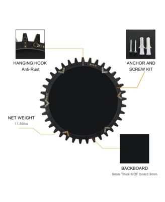 Vintage 34 x 34 Inch Wood Round Hanging Gear Shape Heavy Decorative Mirror for Bathroom Living Room Entryway