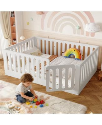 Low-Profile Full Size Floor Bed for Kids, Solid Wood Bed Frame with High Protective Fence and Door for Boys Girls, No Box Spring Required