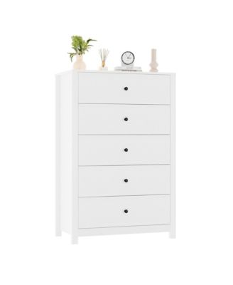 Modern 5 Drawer Wooden Dresser Chest, Tall Cabinet with Deep Storage Drawers, Metal Knobs