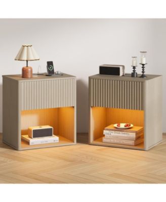 Fluted Nightstands Set 2 Side Tables with Charging Station and LED Light Modern Mid Century End Table with Drawer Farmhouse Bed Side Tables