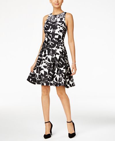 Ivanka Trump Embellished Graphic-Print Fit & Flare Dress