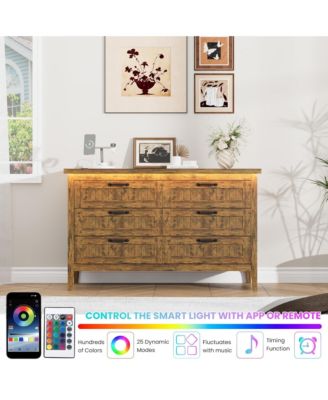 Farmhouse Drawer Dresser with Charging Station and LED Lights, Slim Wooden Bedroom Dresser