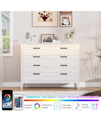 Farmhouse Drawer Dresser with Charging Station and LED Lights, Slim Wooden Bedroom Dresser