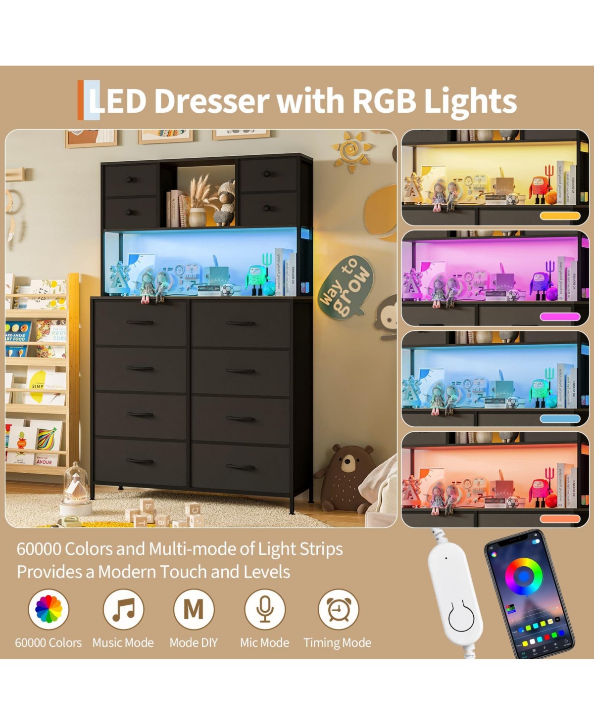 gaomon Dresser for Bedroom, 12-Drawer Fabric Chest with Led Lighting