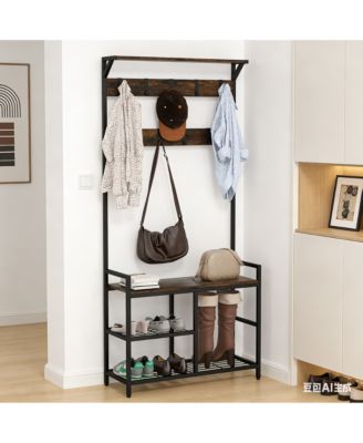 71 Inch Freestanding Hall Tree with Shoe Bench and 9 Removable Hooks