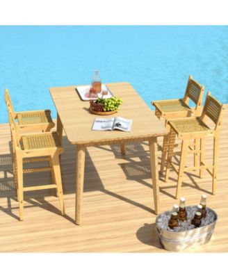 Teak Wood Patio Bar Stool with Woven Rattan Backrest and Seat