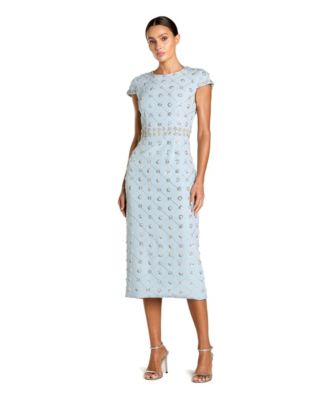 Women's Hand Embellished High Neck Cap Sleeve Midi Dress