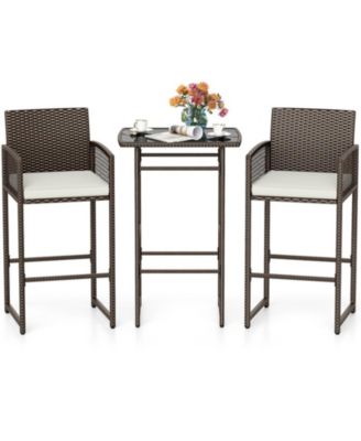 3-Piece Wicker Outdoor Bar Set with Tempered Glass Table and Cushioned Armchairs