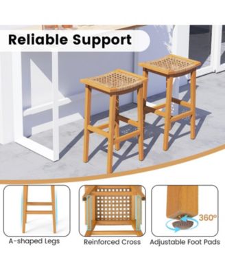 Acacia Wood Outdoor Bar Stools Set of 2 with Woven Rattan Seats