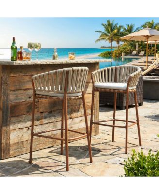 Lodi Outdoor Metal Rope Barstool with Cushion, Patio Bar Chair Set of 2
