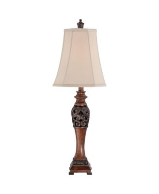 Exeter Traditional Table Lamps Tall Set of 2 Bronze Wood Carved Leaf with Table Top Dimmers Rectangular Shade for Living Room