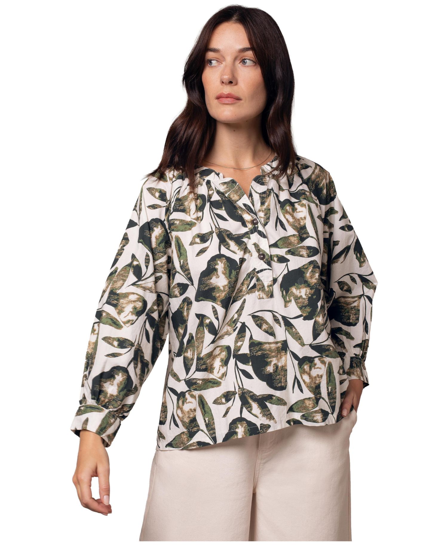 Women's Relaxed Cotton Printed V-Neck Blouse