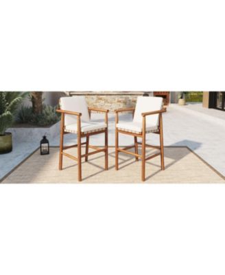 Set of 2 Outdoor Counter Height Bar Stools with Acacia Wood Frame, Backrest and Webbing Seat