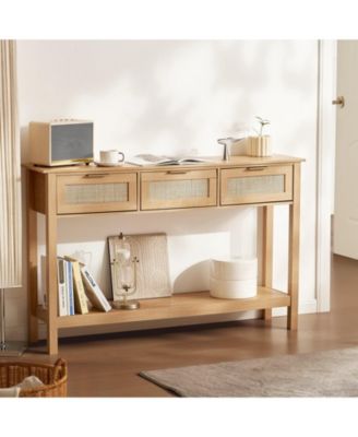 Rattan Console Table, 3 Storage Drawers, for Entryway, Living Room