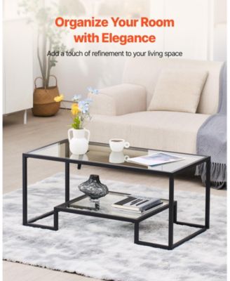 Coffee Table, Tempered Glass Center Table, 2-Tier with Open Storage for Living Room