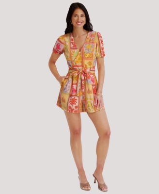 Kensie Women's Short-Sleeve V-Neck Printed Romper - Macy's