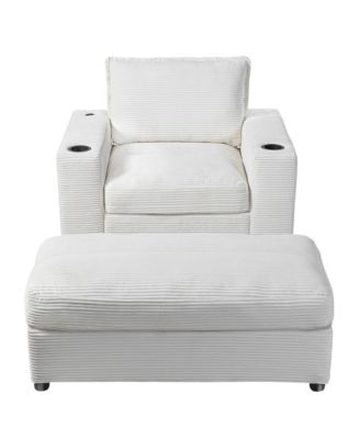 42.8" Oversized Chaise Lounge Chair with Storage Ottoman, Corduroy Sofa Bed with Cup Holders and USB Charging, Sleeper Couch for Living Room