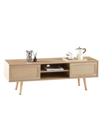 55.12" Rattan Coffee Table - Double Sliding Doors for Storage, Adjustable Shelf, Solid Wood Legs for Living Room