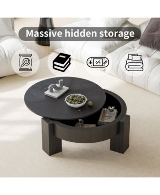 31.5'' Round Coffee Table with Hidden Storage - Wood Parquet Veneer Top Table, 3 Block Legs, Center Accent Table for Living Room