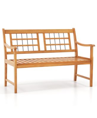 Outdoor Acacia Wood Bench 2-Person Patio Bench w/ Slatted Seat and Backrest