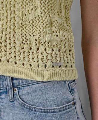 Women's Short Sleeve Crew Neck Floral Pointelle Cardigan