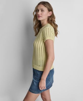 Women's Short-Sleeve Chunky Pointelle Crewneck Sweater 